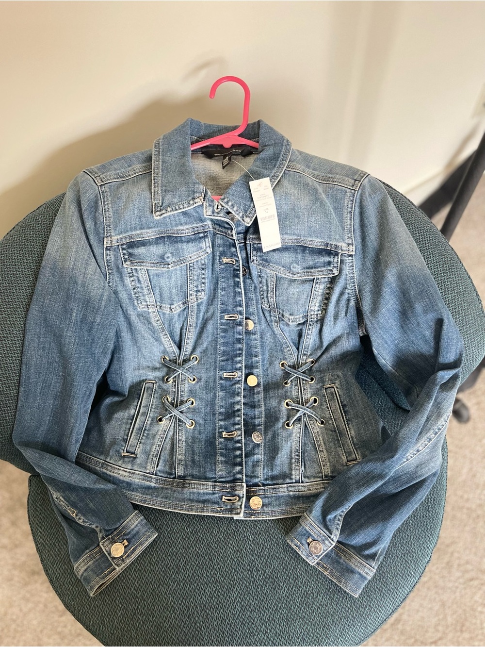 WHBM Women’s Blue Denim Jacket with Lace-Up Design